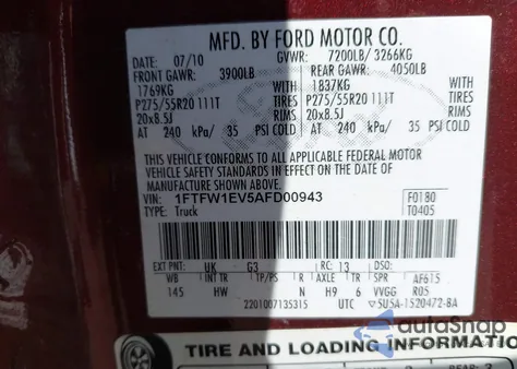 2010 Ford F-150 Fx4/Harley-Davidson/King Ranch/Lariat/Platinum/Xl/Xlt from USA, damaged, VIN 1FTFW1EV5AFD00943